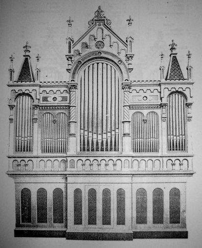 Prospekt organowy przeznaczony dla synagogi, zamontowany w kościele św. Augustyna w Warszawie (fotografia z katalogu firmy Rieger)
